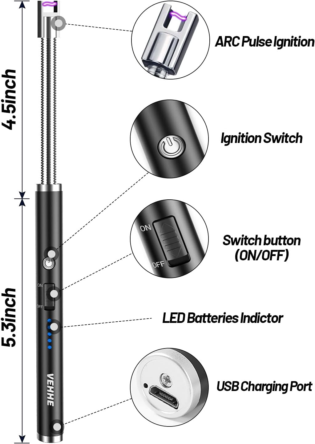 VEHHE accendino lungo, Accendigas USB Ricaricabile，Elettrico Cucina per  Candele leggere Stufe a gas Barbecue da campeggio, a 360°Flessibile :  : Casa e cucina